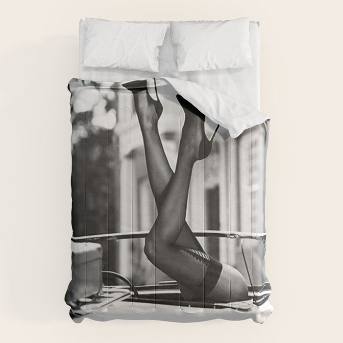 Head over heels stockings and lace high heel female model portrait black and white photograph - photography - photographs Comforter Gallery Image 6