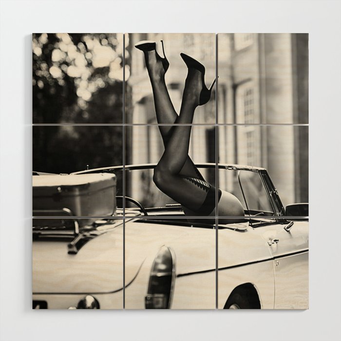 Head over heels stockings and lace high heel female model portrait black and white photograph - photography - photographs Wood Wall Art Gallery Image 1