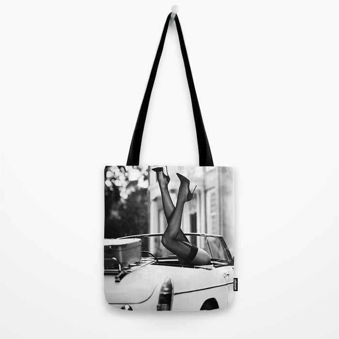Head over heels stockings and lace high heel female model portrait black and white photograph - photography - photographs Tote Bag Gallery Image 2