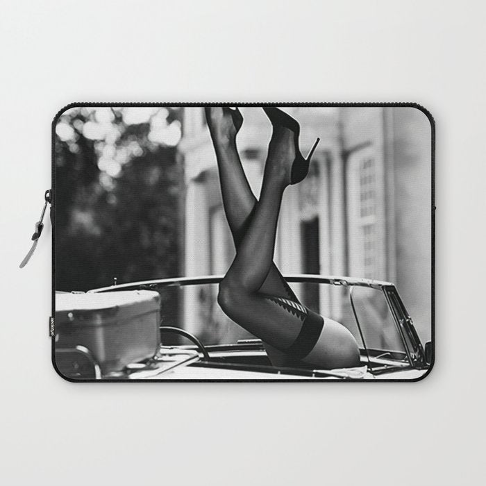 Head over heels stockings and lace high heel female model portrait black and white photograph - photography - photographs Laptop Sleeve Gallery Image 1