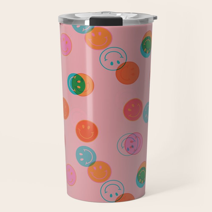 Smiley Face Stamp Print in Pink Travel Mug Gallery Image 1