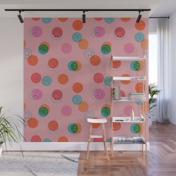 Smiley Face Stamp Print in Pink Wall Mural Gallery Image 1