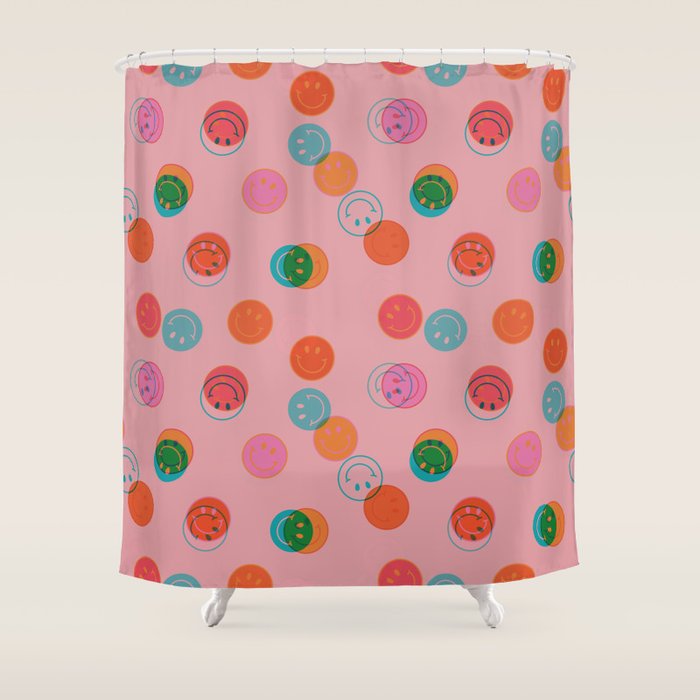 Smiley Face Stamp Print in Pink Shower Curtain