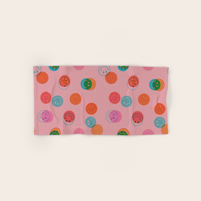 Smiley Face Stamp Print in Pink Bath Towel Gallery Image 1