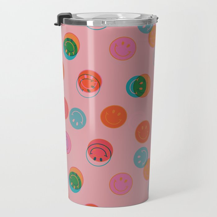 Smiley Face Stamp Print in Pink Travel Mug Gallery Image 3