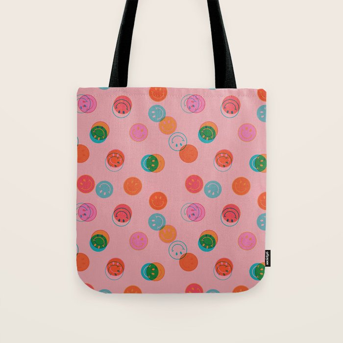 Smiley Face Stamp Print in Pink Tote Bag Gallery Image 1