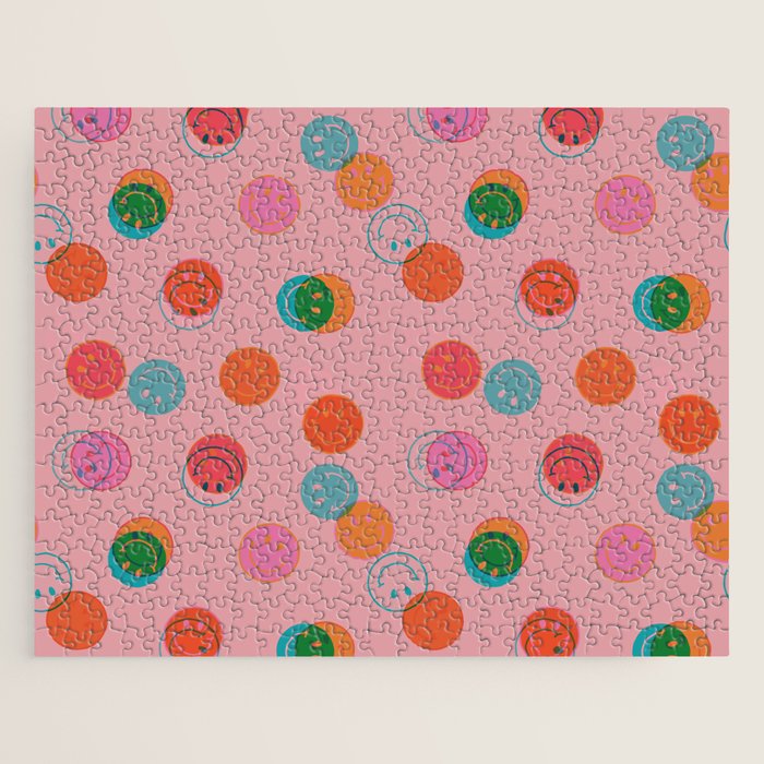 Smiley Face Stamp Print in Pink Jigsaw Puzzle Gallery Image 1