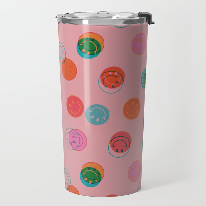 Smiley Face Stamp Print in Pink Travel Mug Gallery Image 2