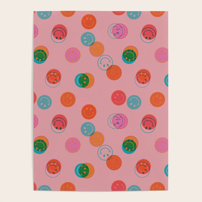Smiley Face Stamp Print in Pink Poster Gallery Image 1