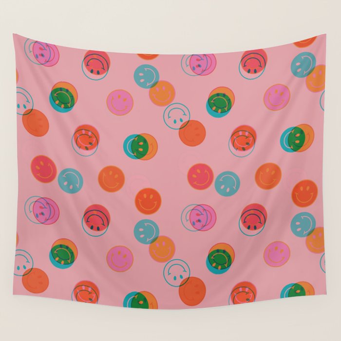 Smiley Face Stamp Print in Pink Wall Tapestry Gallery Image 4