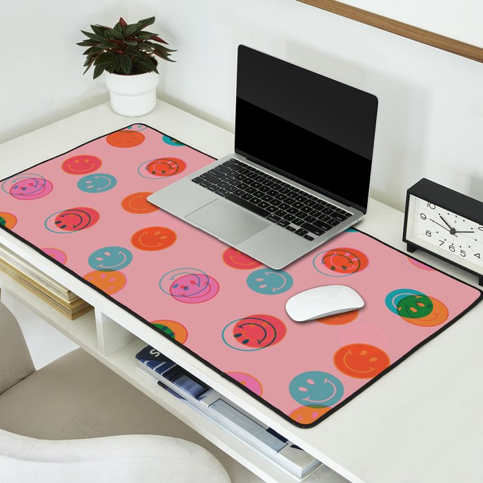Smiley Face Stamp Print in Pink Desk Mat Gallery Image 2