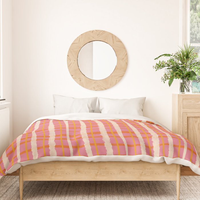 Retro Picnic Irregular Striped Watercolor Pattern in Thulian Pink and Orange Duvet Cover Gallery Image 3
