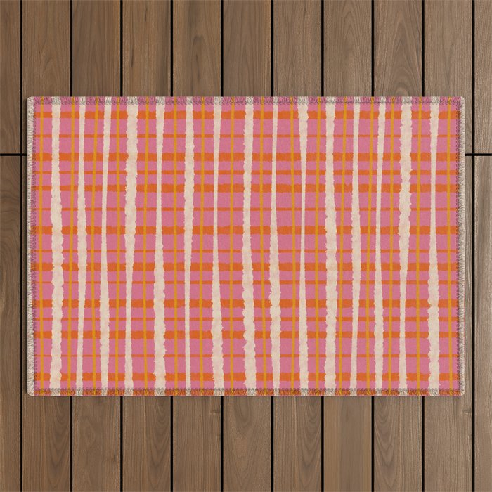 Retro Picnic Irregular Striped Watercolor Pattern in Thulian Pink and Orange Outdoor Rug Gallery Image 1