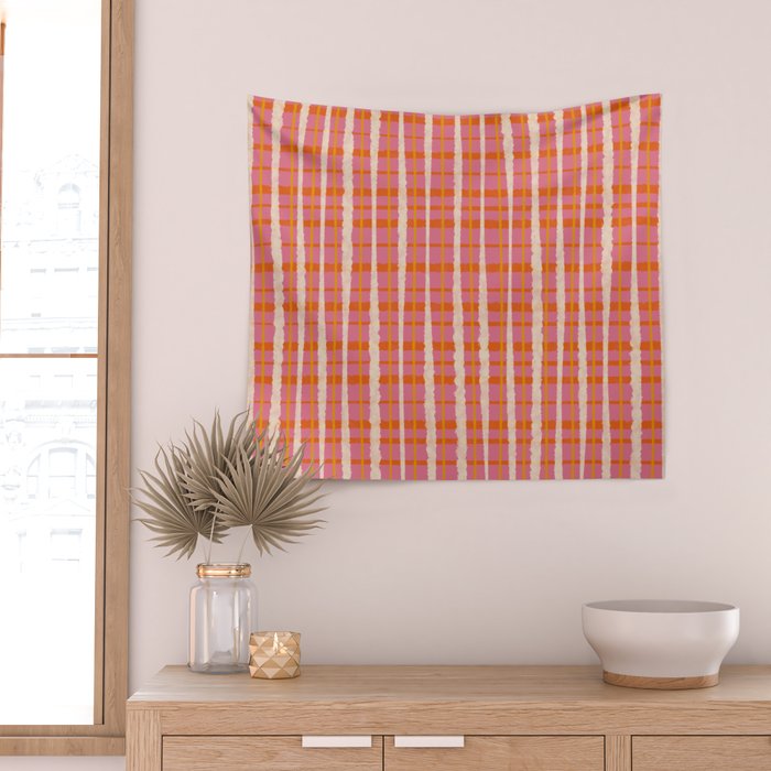 Retro Picnic Irregular Striped Watercolor Pattern in Thulian Pink and Orange Wall Tapestry Gallery Image 2
