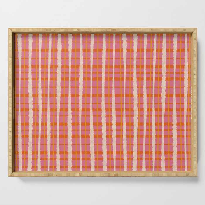 Retro Picnic Irregular Striped Watercolor Pattern in Thulian Pink and Orange Serving Tray Gallery Image 1