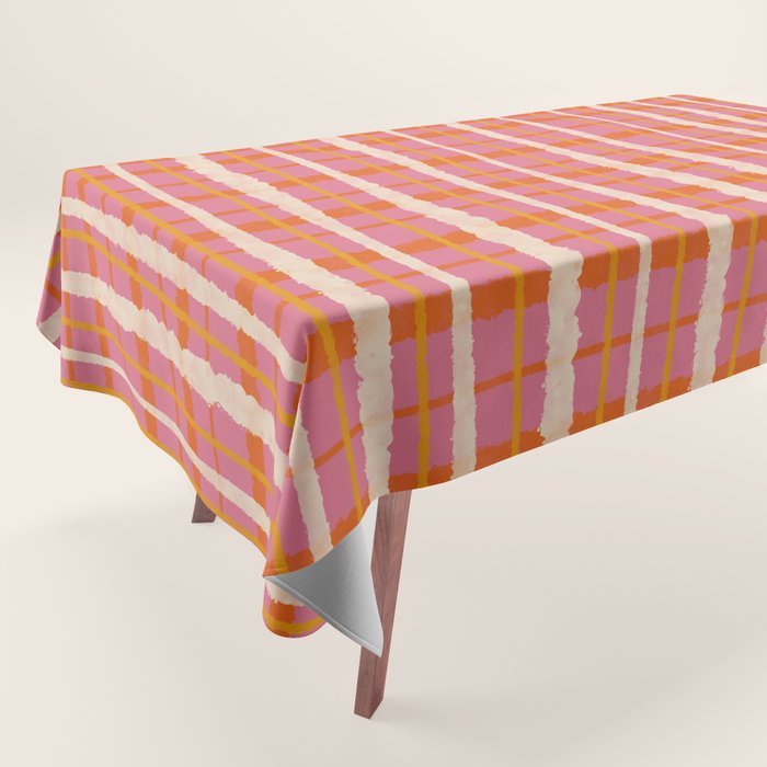 Retro Picnic Irregular Striped Watercolor Pattern in Thulian Pink and Orange Tablecloth Gallery Image 1