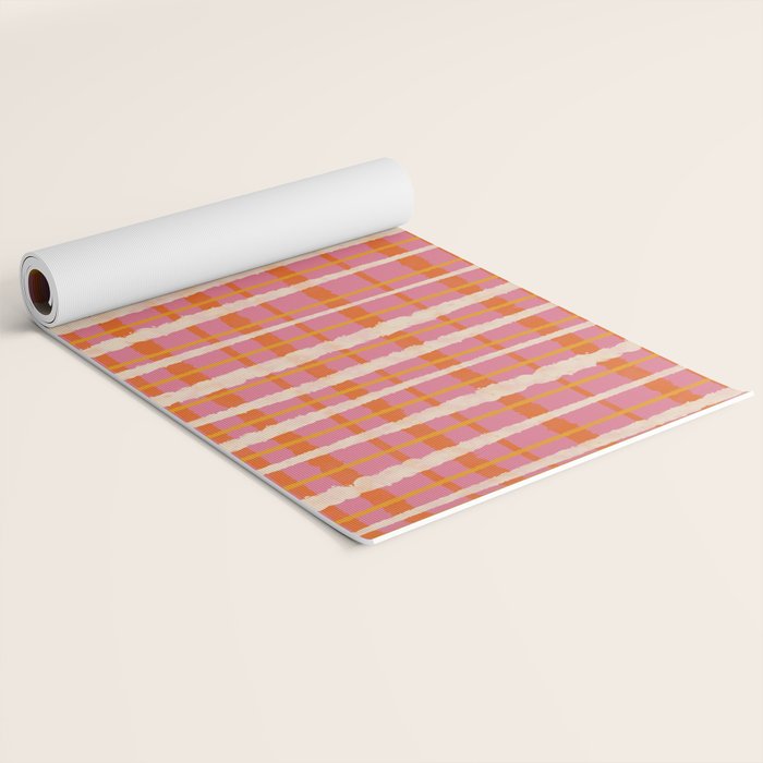 Retro Picnic Irregular Striped Watercolor Pattern in Thulian Pink and Orange Yoga Mat Gallery Image 2