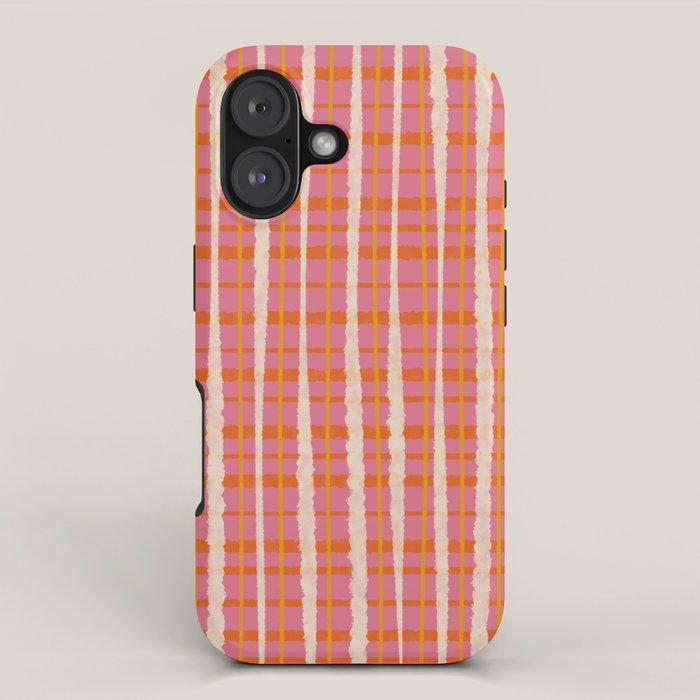 Retro Picnic Irregular Striped Watercolor Pattern in Thulian Pink and Orange iPhone Case Gallery Image 1