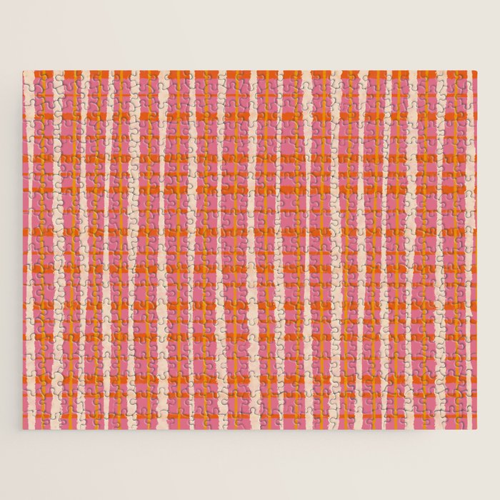 Retro Picnic Irregular Striped Watercolor Pattern in Thulian Pink and Orange Jigsaw Puzzle Gallery Image 1