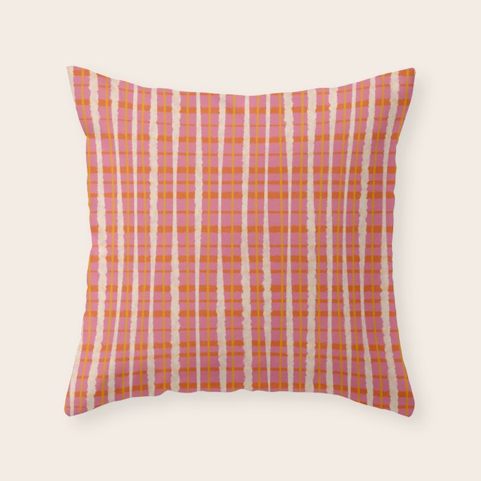 Retro Picnic Irregular Striped Watercolor Pattern in Thulian Pink and Orange Throw Pillow Gallery Image 1
