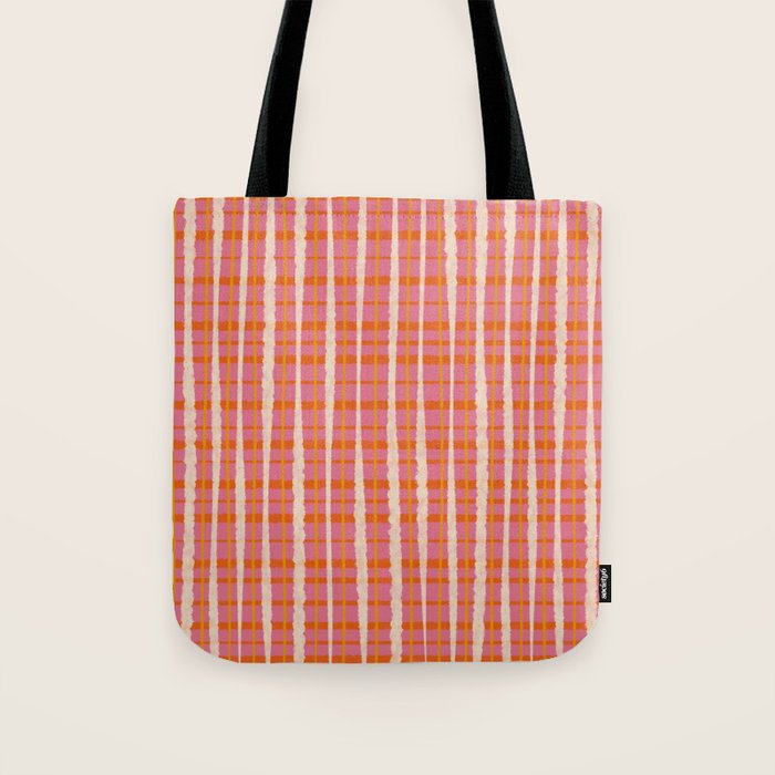 Retro Picnic Irregular Striped Watercolor Pattern in Thulian Pink and Orange Tote Bag Gallery Image 1