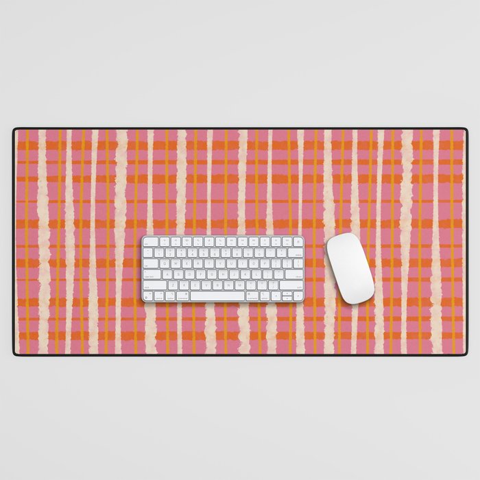 Retro Picnic Irregular Striped Watercolor Pattern in Thulian Pink and Orange Desk Mat Gallery Image 1