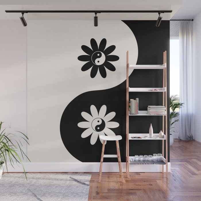 Yin Yang Flower in Black & White Wall Mural Gallery Image 1