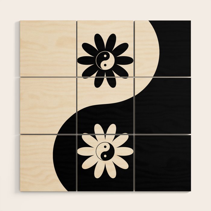 Yin Yang Flower in Black & White Wood Wall Art Gallery Image 1