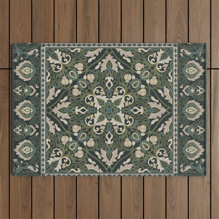 Ornamental Ethnic Bohemian Pattern VIII Emerald Gold Outdoor Rug Gallery Image 1
