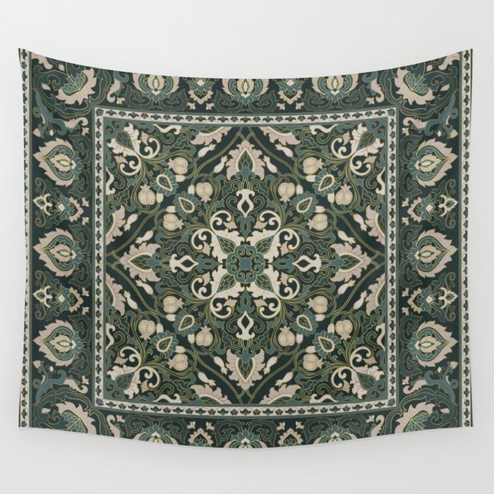 Ornamental Ethnic Bohemian Pattern VIII Emerald Gold Wall Tapestry Gallery Image 4