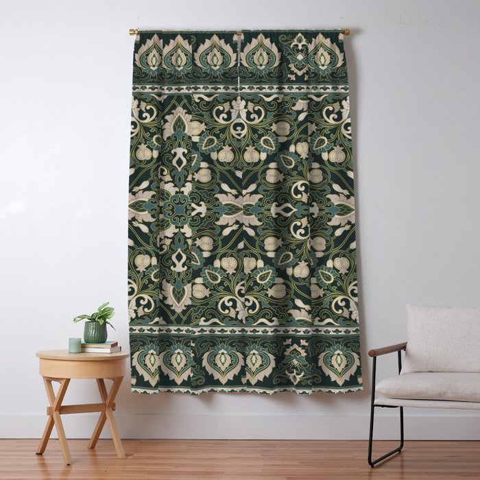 Ornamental Ethnic Bohemian Pattern VIII Emerald Gold Window Curtain Gallery Image 5
