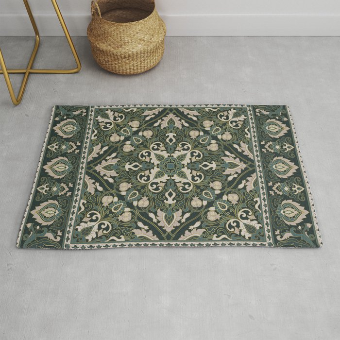 Ornamental Ethnic Bohemian Pattern VIII Emerald Gold Rug Gallery Image 1
