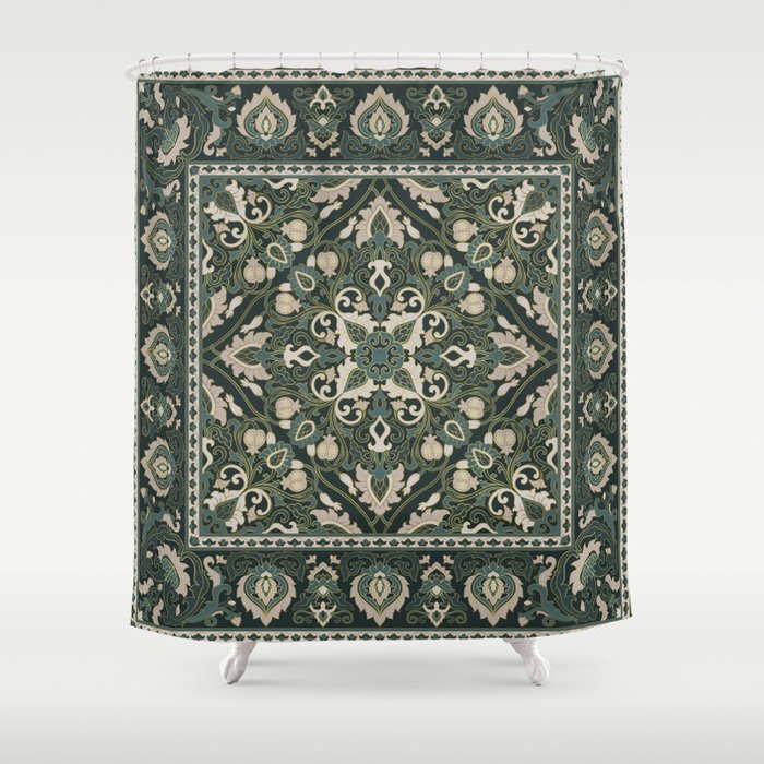 Ornamental Ethnic Bohemian Pattern VIII Emerald Gold Shower Curtain Gallery Image 1