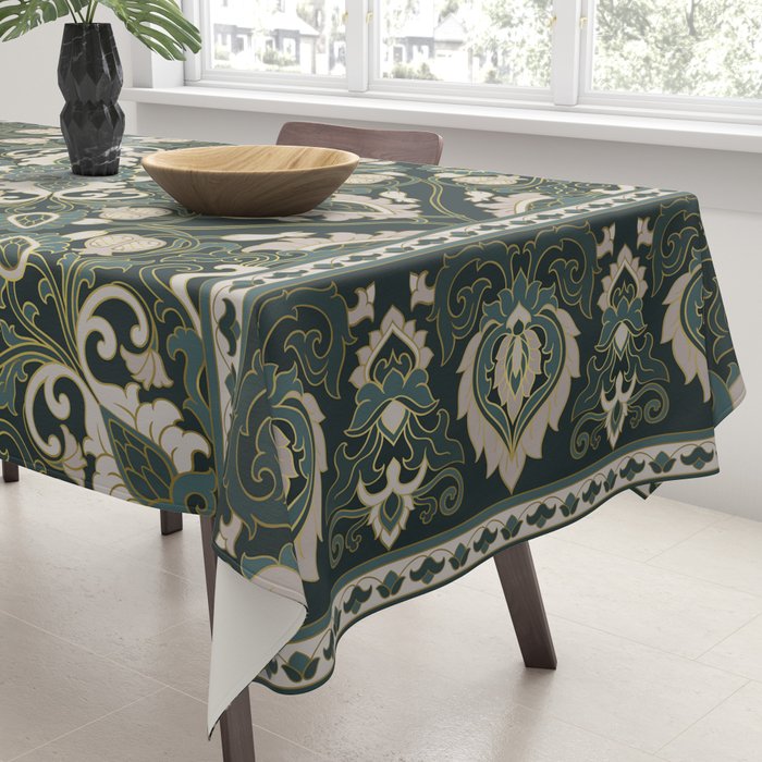 Ornamental Ethnic Bohemian Pattern VIII Emerald Gold Tablecloth Gallery Image 3