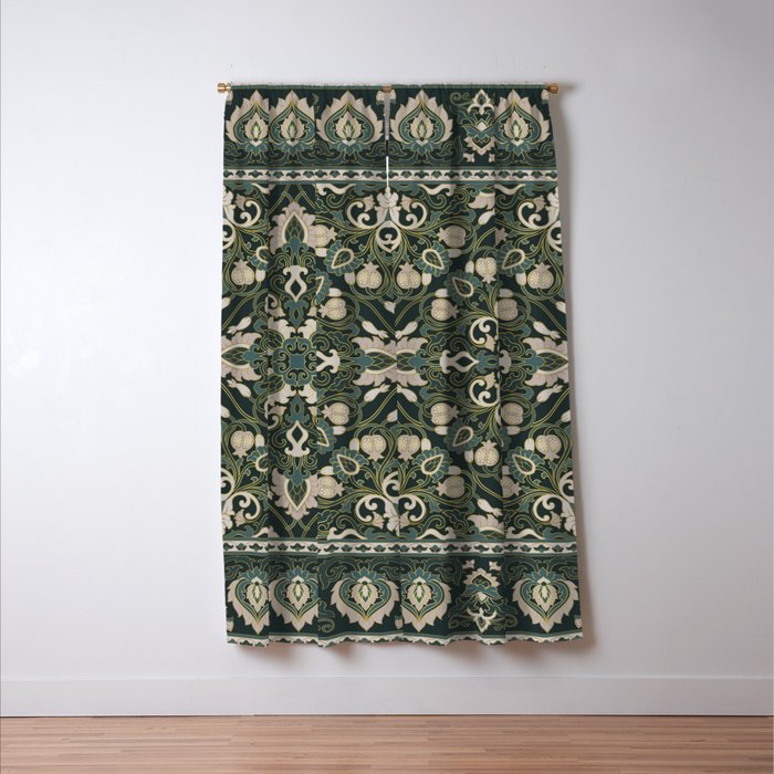 Ornamental Ethnic Bohemian Pattern VIII Emerald Gold Window Curtain Gallery Image 3