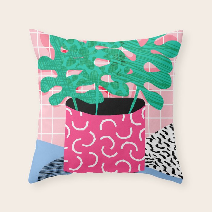 Shredding - indoor house plant pop art grid pattern minimal abstract neon 1980s style memphis retro Throw Pillow Gallery Image 6