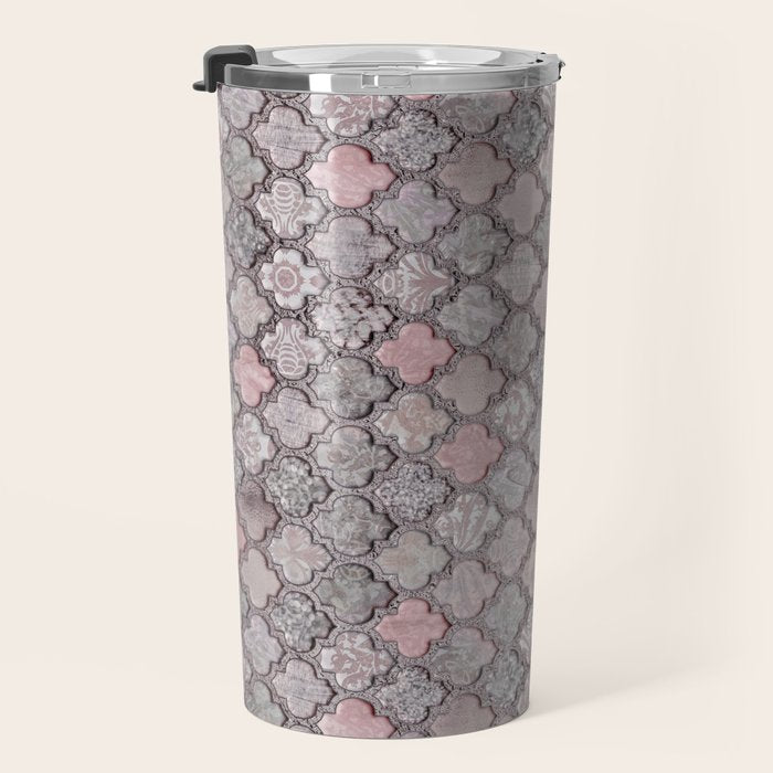 Vintage Moroccan Tiles Grey, Blush And Smoke Pink Travel Mug Gallery Image 3