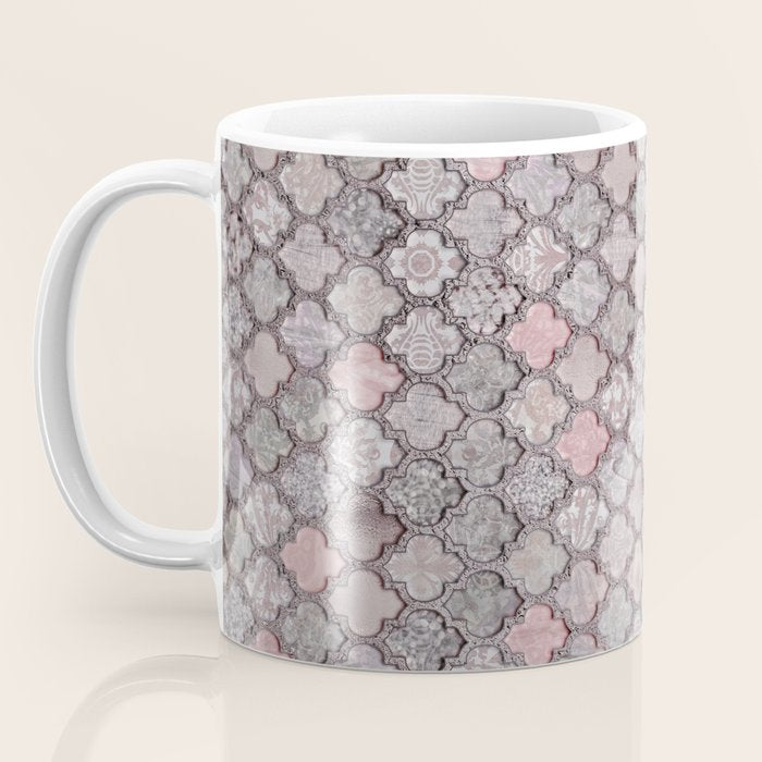 Vintage Moroccan Tiles Grey, Blush And Smoke Pink Coffee Mug Gallery Image 3