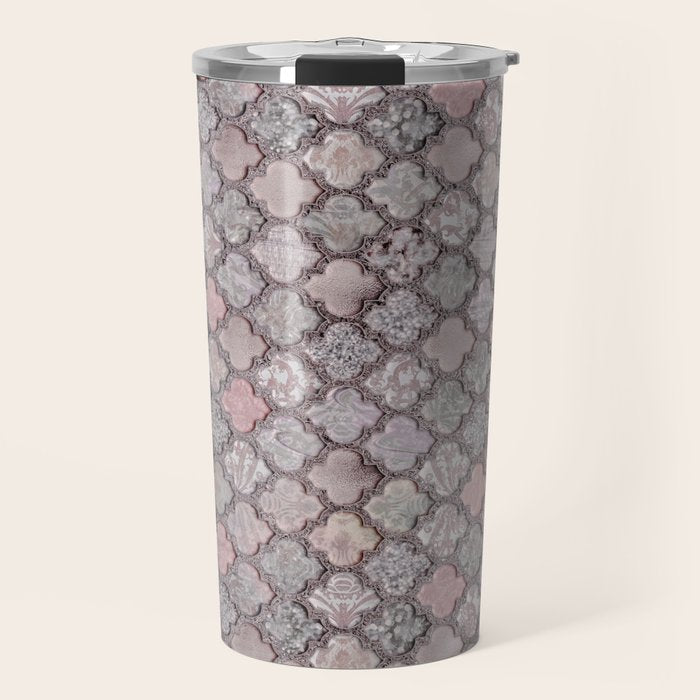 Vintage Moroccan Tiles Grey, Blush And Smoke Pink Travel Mug Gallery Image 1