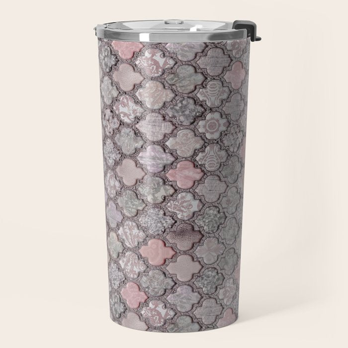 Vintage Moroccan Tiles Grey, Blush And Smoke Pink Travel Mug Gallery Image 2