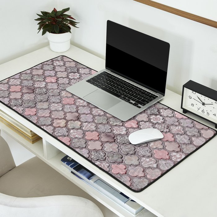 Vintage Moroccan Tiles Grey, Blush And Smoke Pink Desk Mat Gallery Image 2