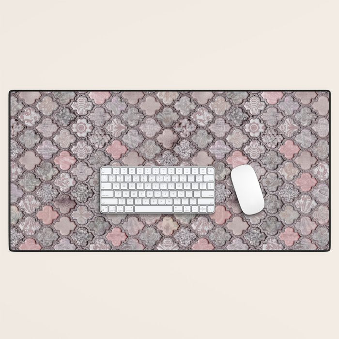 Vintage Moroccan Tiles Grey, Blush And Smoke Pink Desk Mat Gallery Image 1