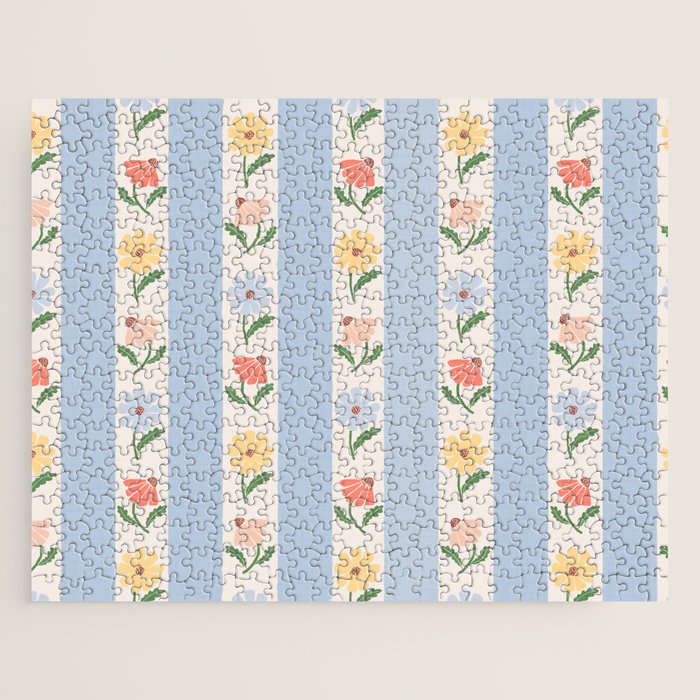 Sweet Floral Stripes - vintage blue Jigsaw Puzzle Gallery Image 1