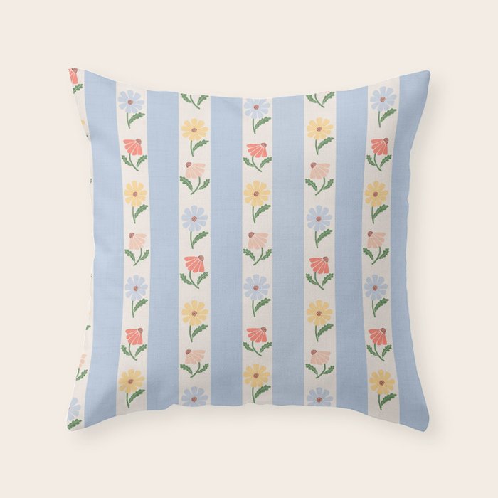 Sweet Floral Stripes - vintage blue Throw Pillow Gallery Image 1