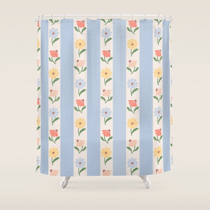 Sweet Floral Stripes - vintage blue Shower Curtain Gallery Image 1
