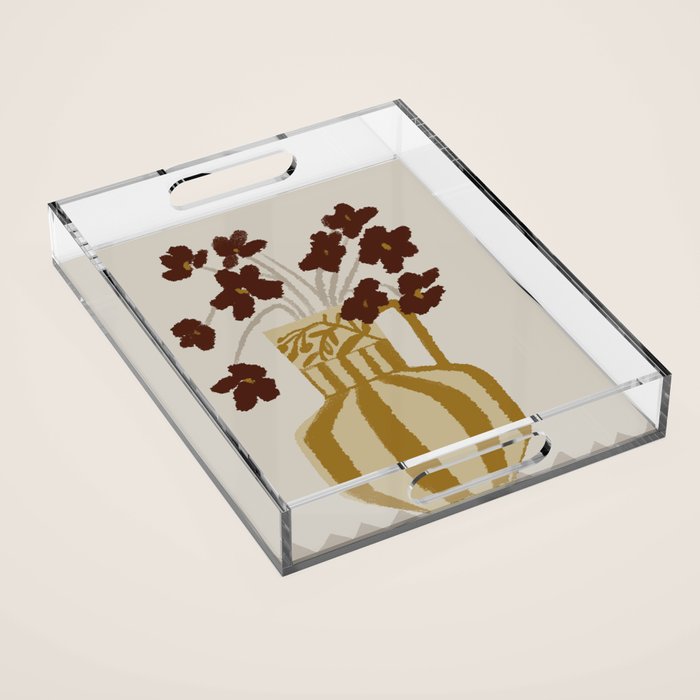 red flowers in a striped vase Acrylic Tray Gallery Image 1