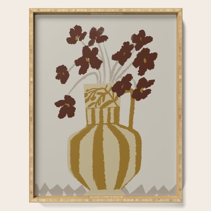 red flowers in a striped vase Serving Tray Gallery Image 1