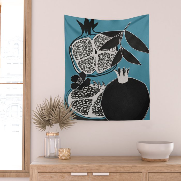 Line Art Pomegranates 4 Wall Tapestry Gallery Image 2