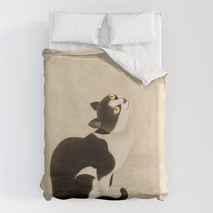 Minhwa: cat & butterfly (Korean traditional/folk art) Duvet Cover Gallery Image 1