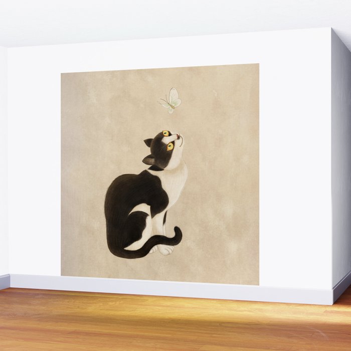 Minhwa: cat & butterfly (Korean traditional/folk art) Wall Mural Gallery Image 2